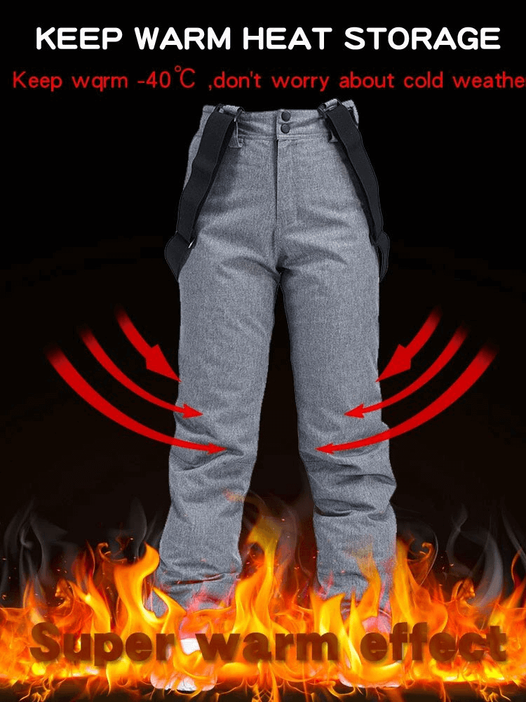 Warm windproof ski pants with heat storage, designed to withstand -40°C, showcasing super warm effect with flame graphics.